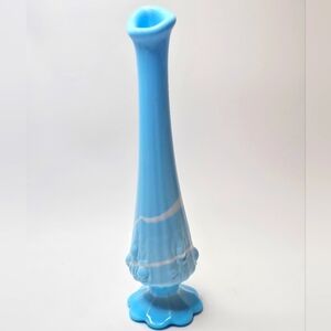 Fenton Blue Slag Glass Cabbage Rose Swung Vase 9.75" Tall
